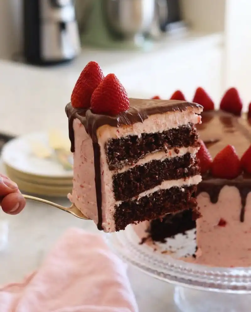 A tall chocolate strawberry cake with pink buttercream layers and chocolate ganache drips