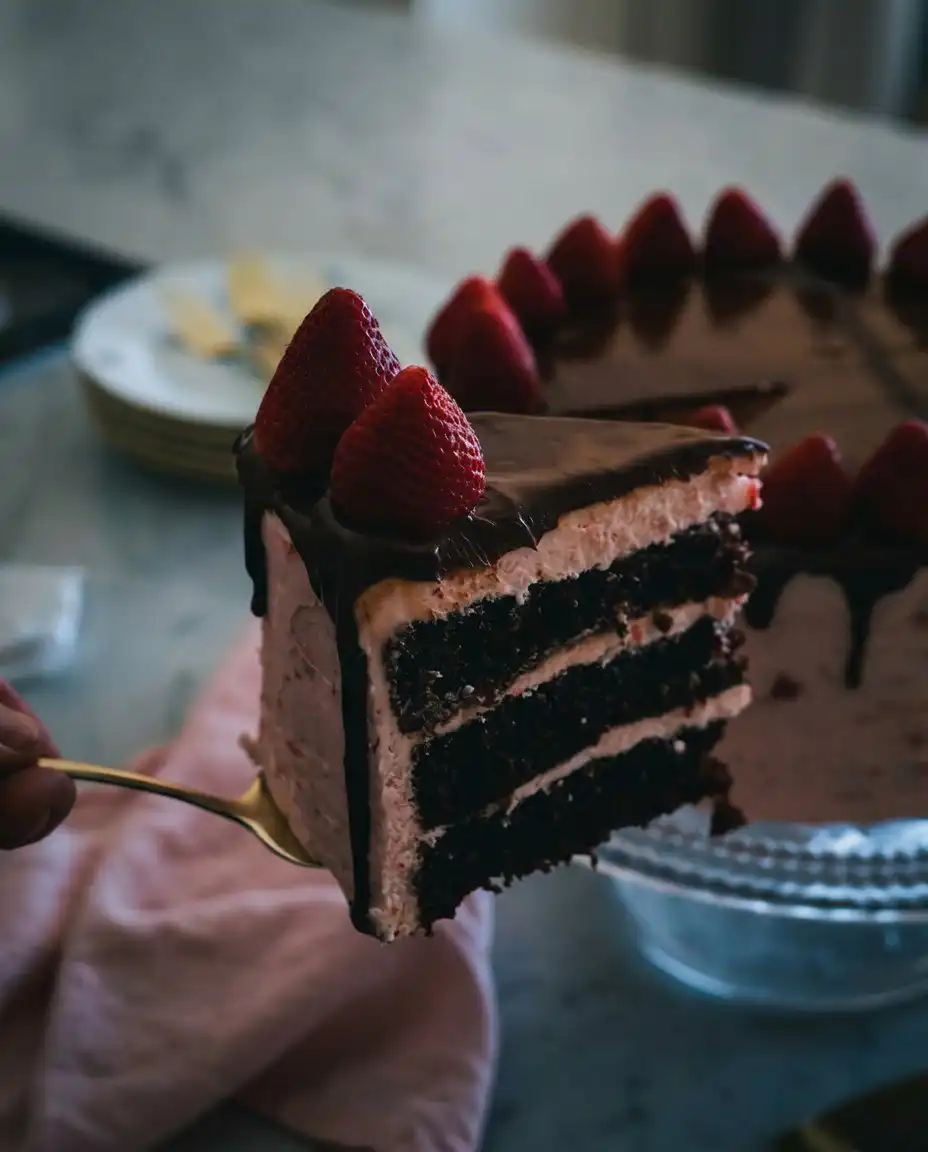 A clean slice of chocolate strawberry cake showing the internal crumb structure
