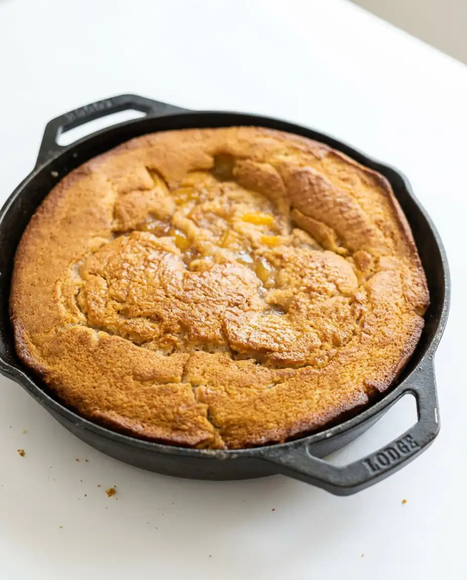 Classic Peach Cobbler Dump Cake 12 A warm Classic Peach Cobbler Dump Cake in a glass baking dish showing a golden crust and bubbling fruit.
