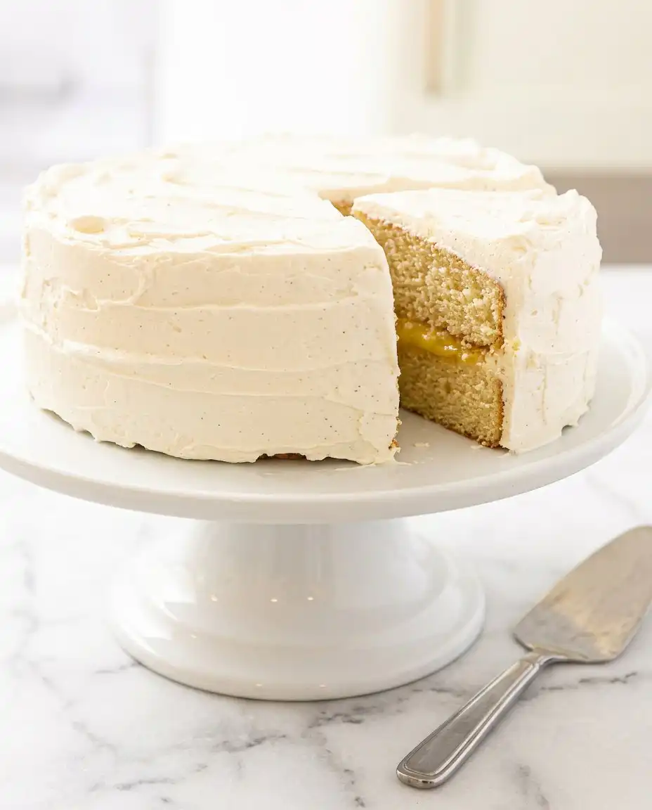 Classic Vanilla Bean Layer Cake 12 A professional Classic Vanilla Bean Layer Cake on a white porcelain stand with smooth frosting.