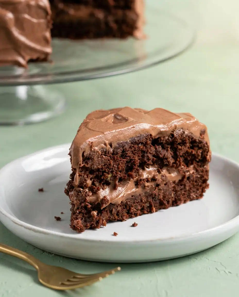 Dairy-Free Chocolate Zucchini Cake 12 A sliced Dairy-Free Chocolate Zucchini Cake in a 9x13 pan with thick ganache frosting.
