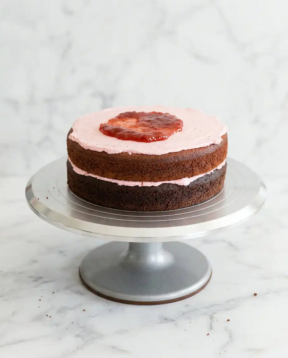 Neapolitan Anniversary Cake 15 Using an offset spatula to stripe a Neapolitan Anniversary Cake with frosting
