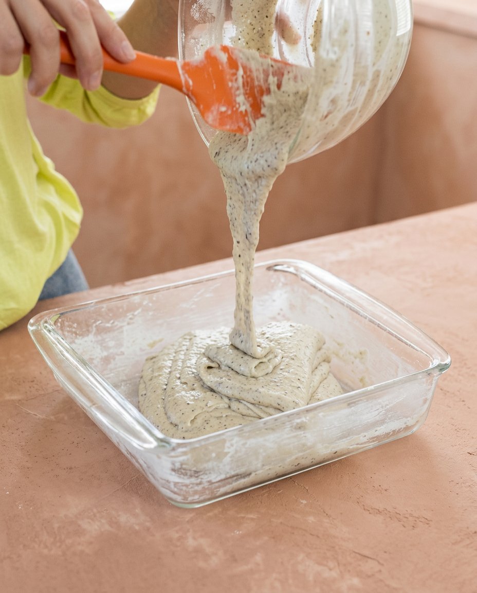 Pouring lemon glaze over a warm zucchini cake in a bundt shape.