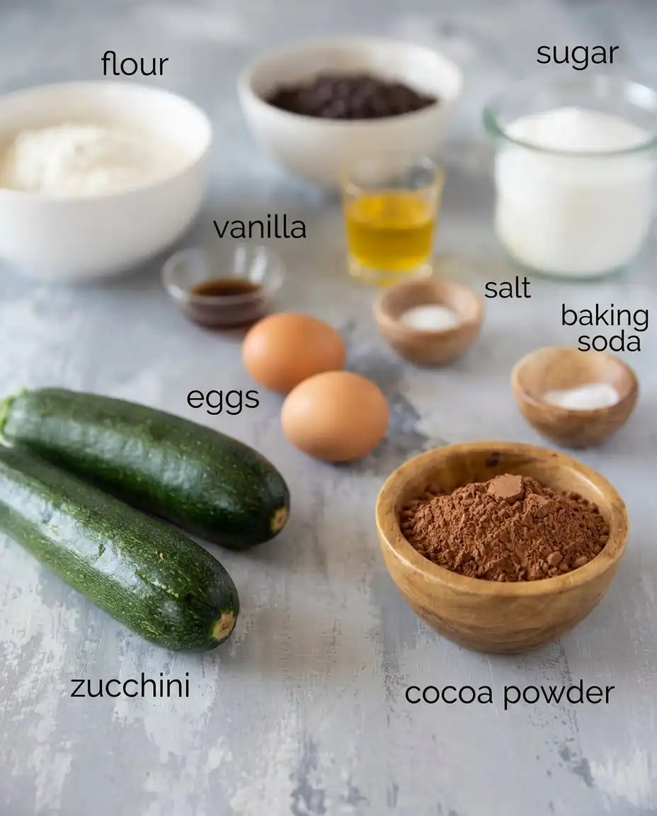 Ingredients for chocolate zucchini bread including Dutch process cocoa and fresh zucchini