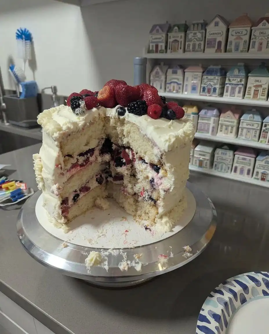 Ingredients for patriotic berry cake including cake flour, fresh berries, and heavy cream