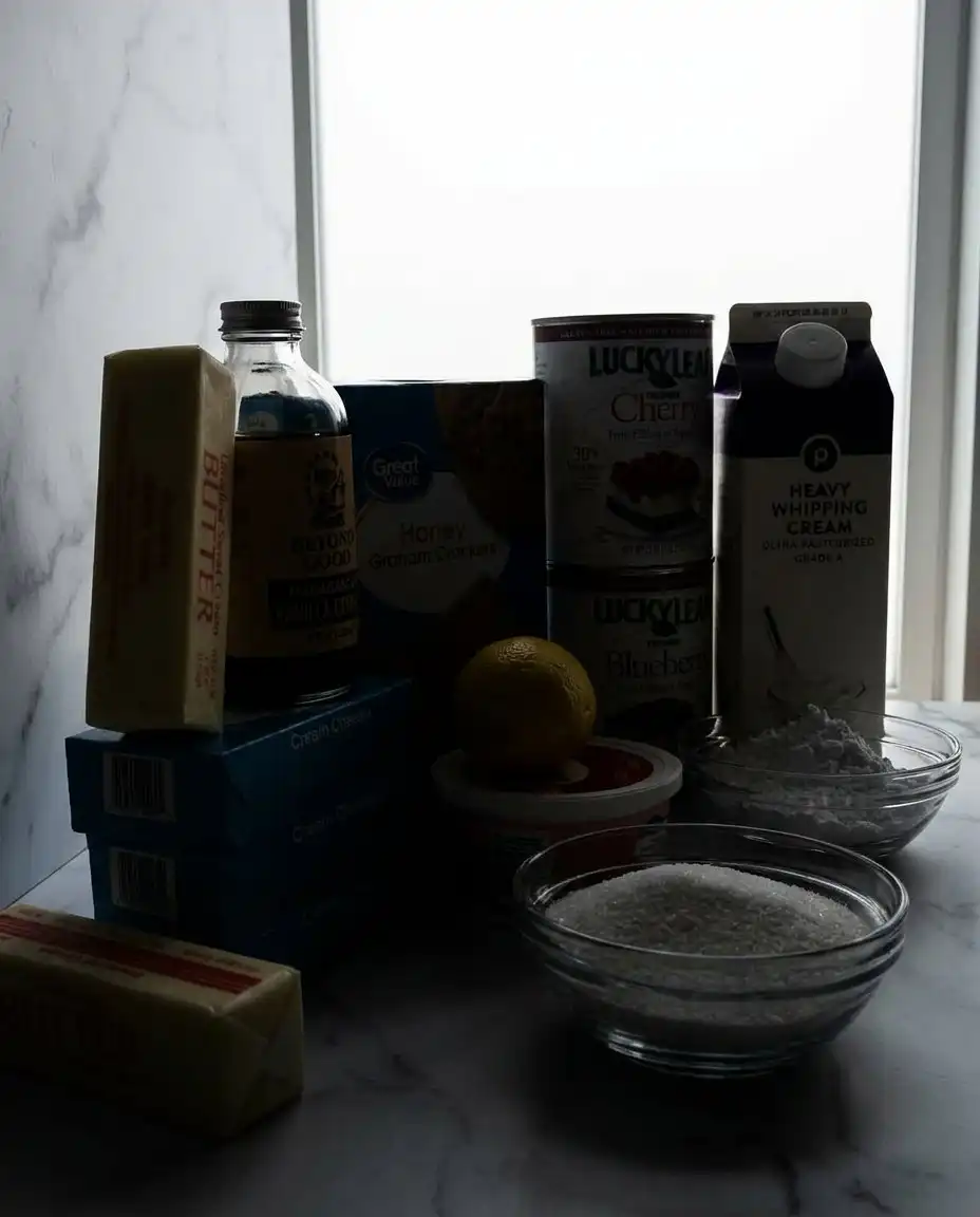 Ingredients for quick no-bake cheesecake including cream cheese, graham crackers, and pie filling