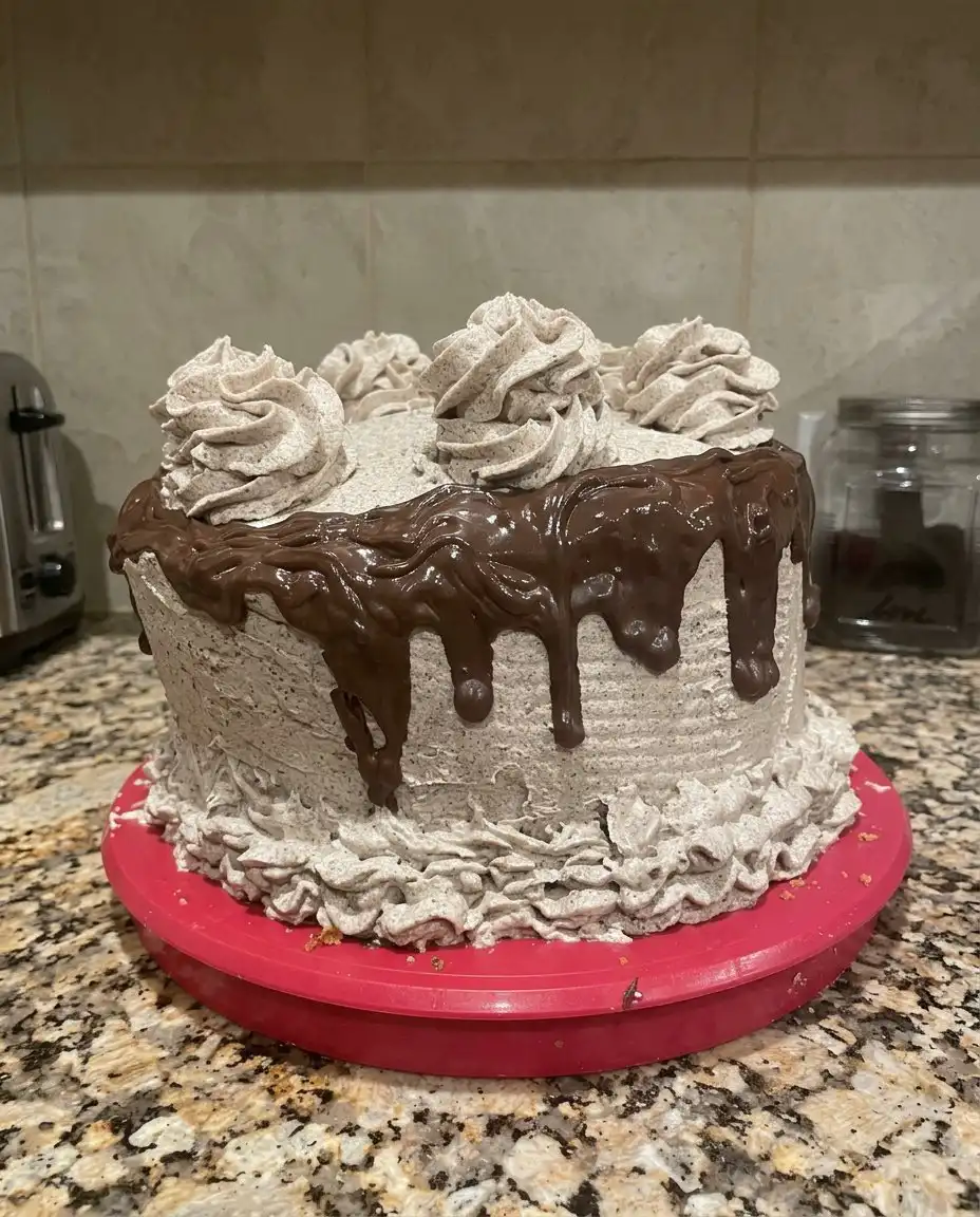 A perfect slice of Oreo cake showing the internal cookie chunks