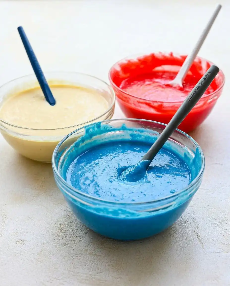 Alternating scoops of red, white, and blue cake batter in a bundt pan