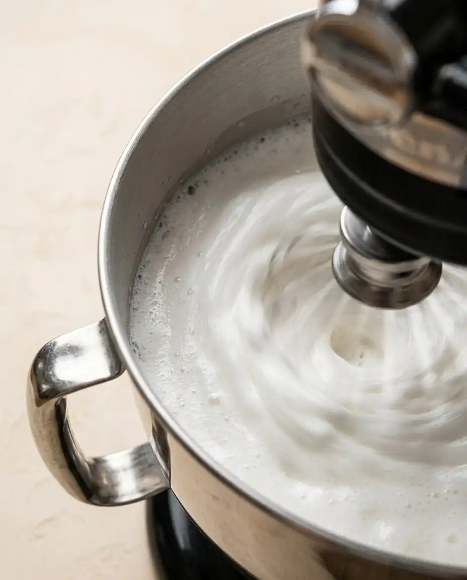Moist Blueberry Lemon Angel Food Cake 15 A silicone spatula folding flour into a glossy white meringue.