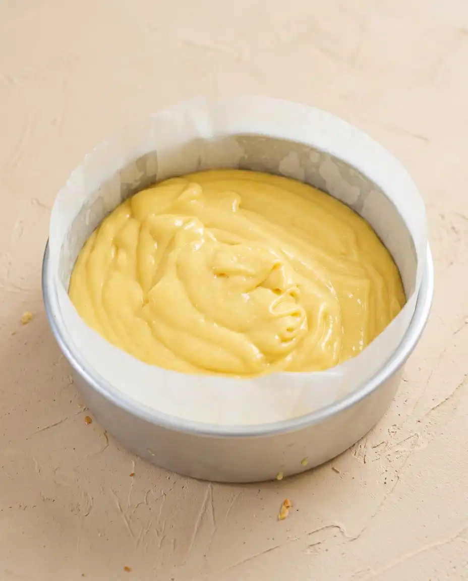 Classic Mango Sponge Cake 15 A close up of a hand folding meringue into the Classic Mango Sponge Cake batter.