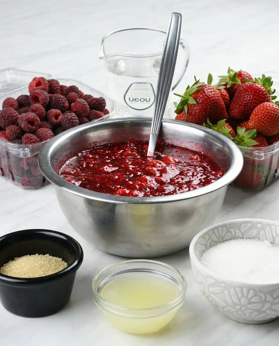 Summer Berry Poke Cake 12 Fresh strawberries, raspberries, and blueberries arranged with bowls of gelatin for the berry sauce foundation.