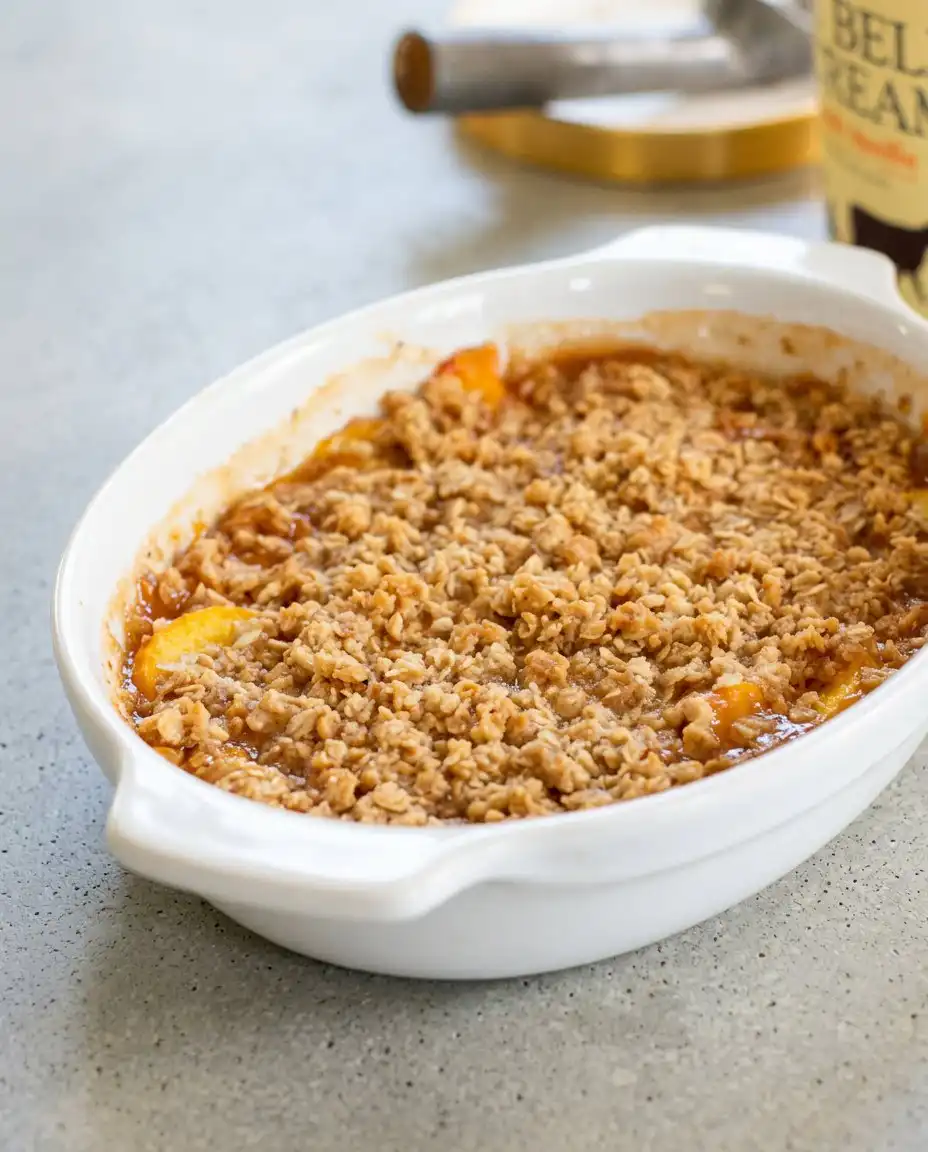 Peach Crisp 12 A golden brown Peach Crisp bubbling in a white ceramic baking dish on a wooden table.
