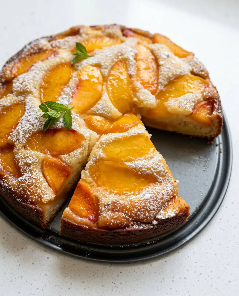 A slice of fresh peach cake served next to a cup of coffee.