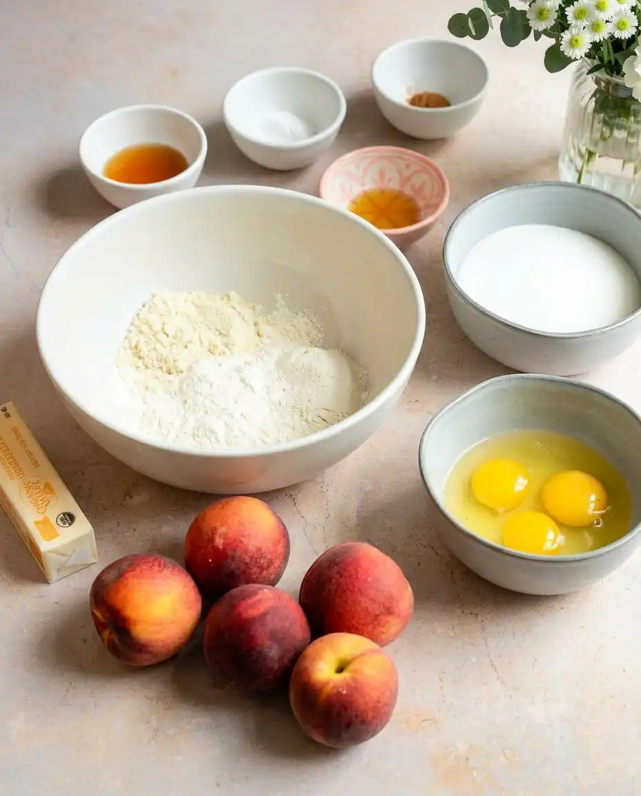 Slices of fresh peaches ready to be placed in a cake pan.