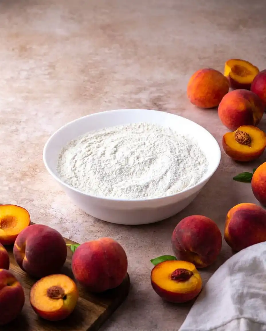 Patti Labelle’s Peach Cobbler 12 Slices of peaches, cinnamon sticks, and orange zest on a wooden counter