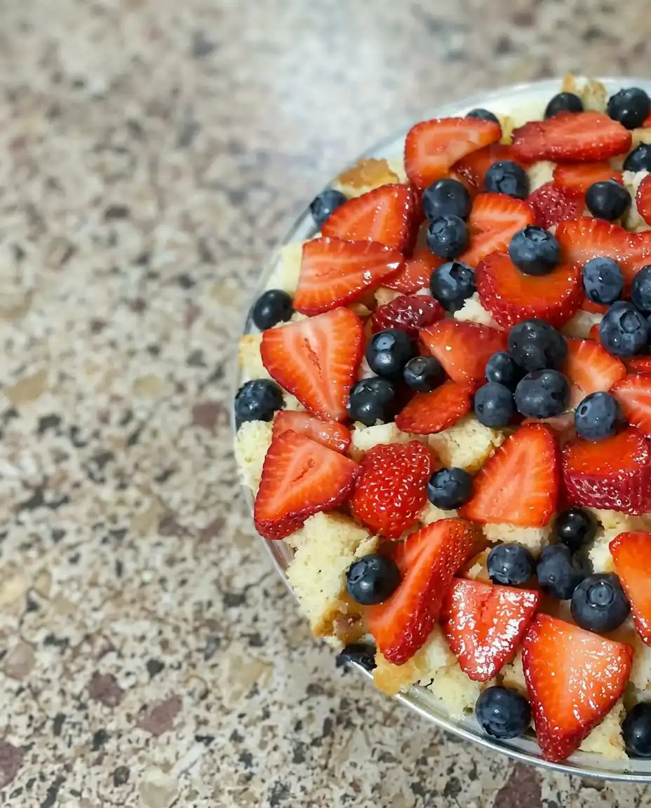 Fresh strawberries, blueberries, angel food cake cubes, and white chocolate pudding ingredients laid out.