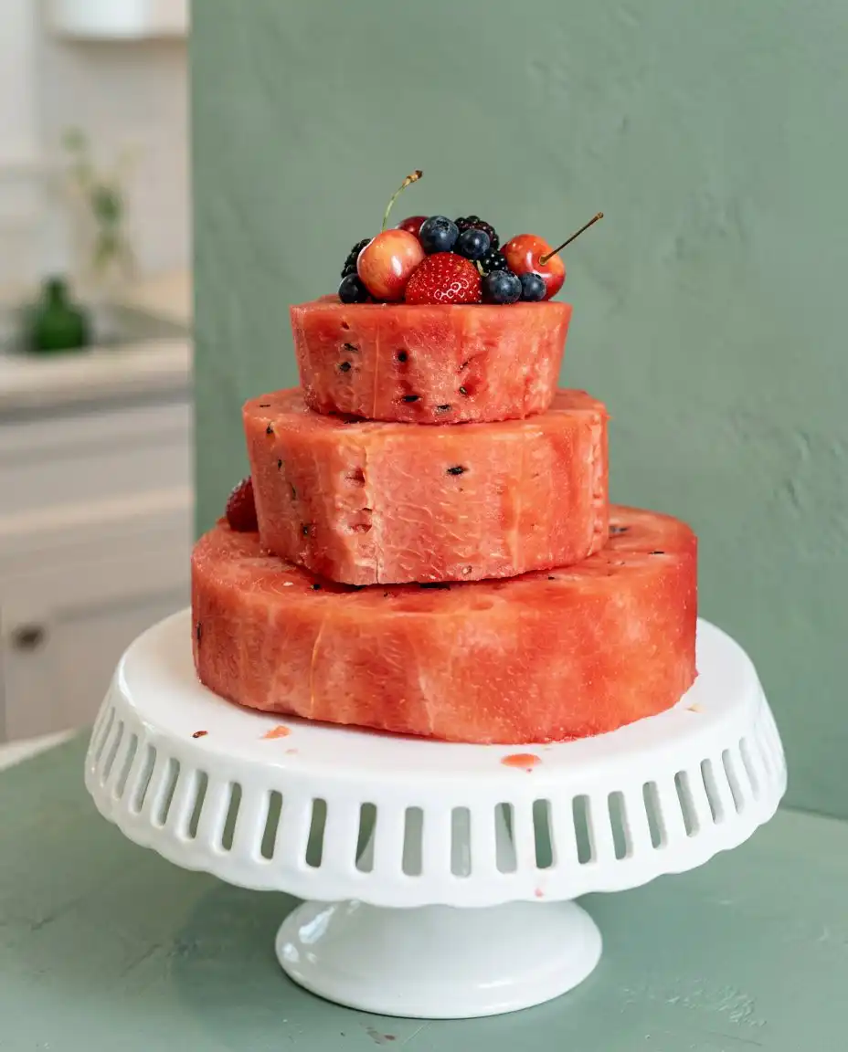 Fresh Watermelon Layer Cake 12 A three tier Fresh Watermelon Layer Cake decorated with mixed berries and mint leaves on a white stand.