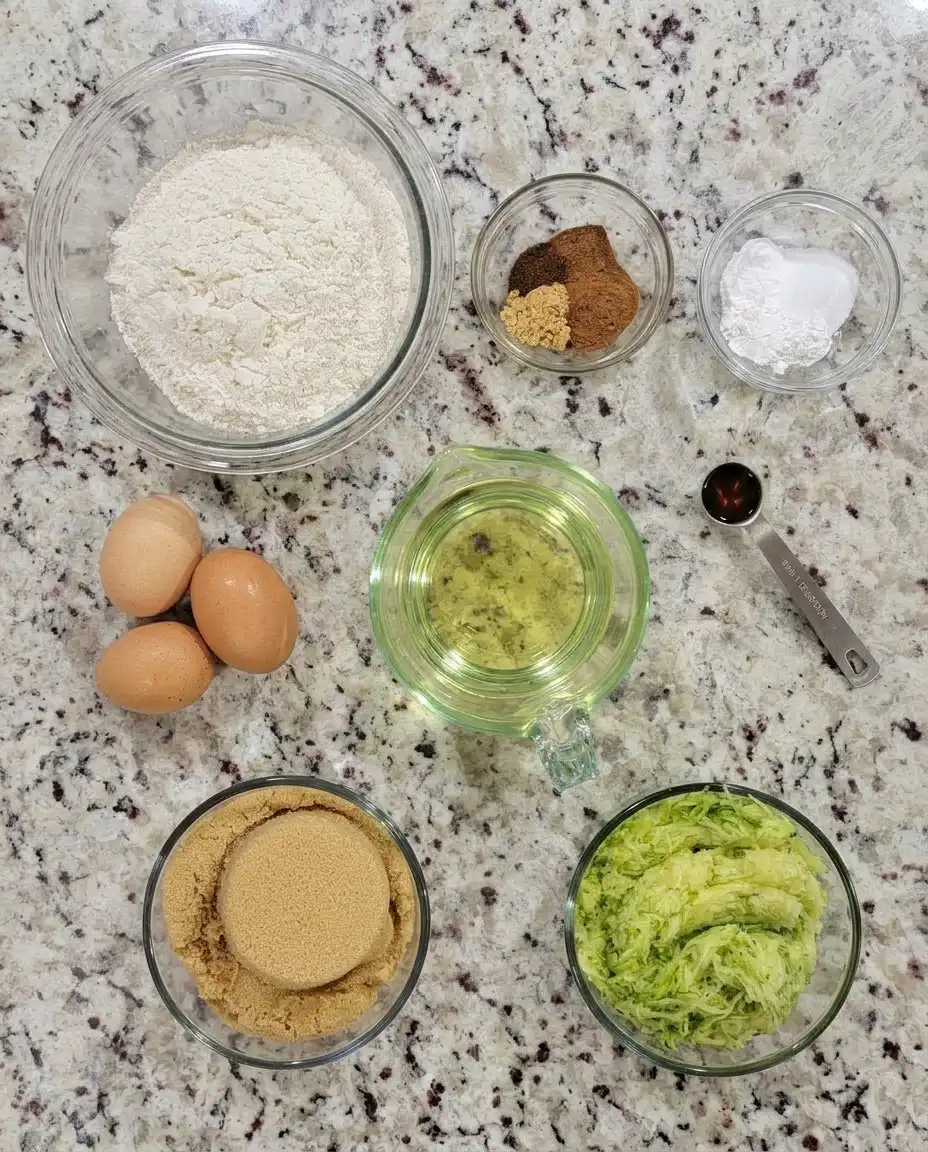 Zucchini Spice Cake with Cream Cheese Frosting 12 Grated zucchini and warm spices in bowls ready for baking.