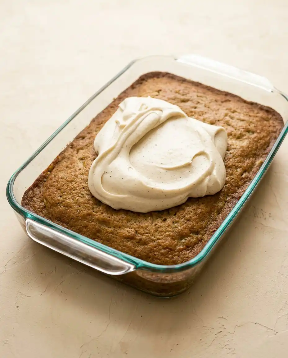 Zucchini Cake 15 A golden brown Zucchini Cake cooling in a metal baking pan.