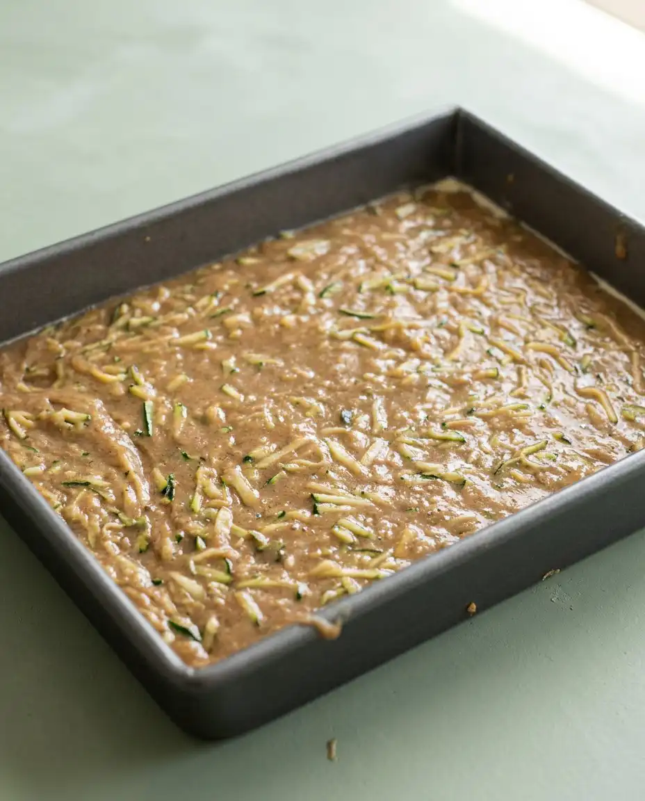 A 9x13 pan of Classic Zucchini Cake with Cream Cheese Frosting spread evenly.