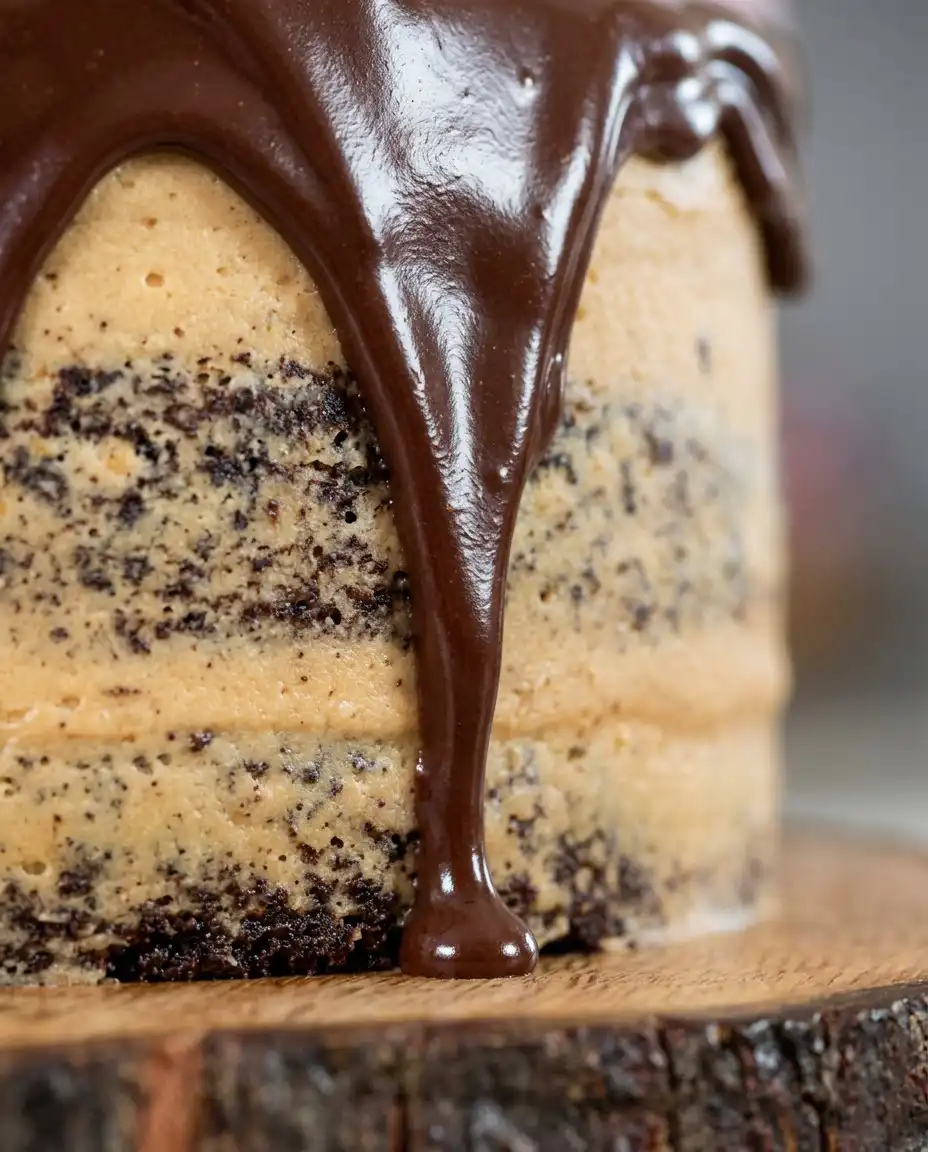 Dark Chocolate Peanut Butter Cake 13 Applying the peanut butter frosting to a chocolate layer cake with a spatula