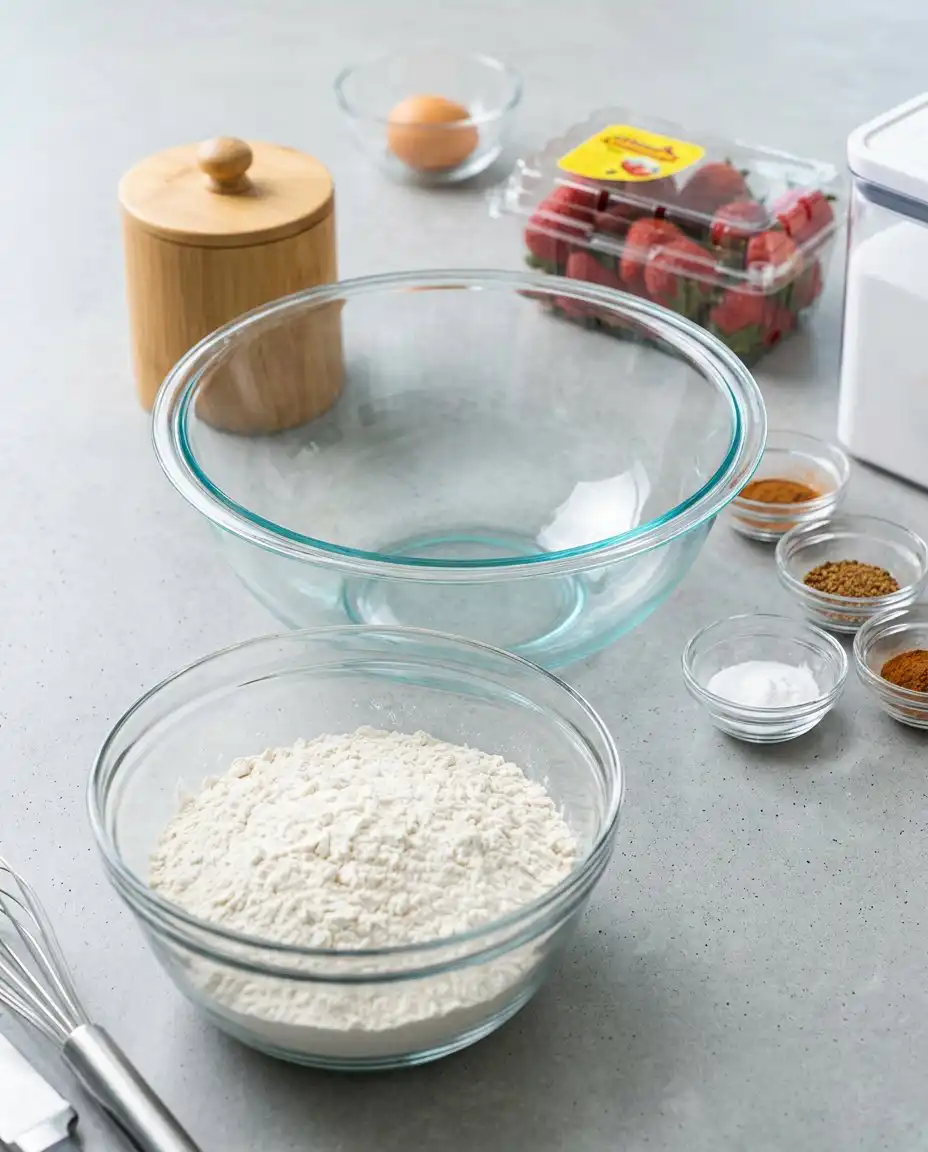 Classic Carnival Funnel Cake 14 Bowls of flour, milk, and eggs for a Classic Carnival Funnel Cake on a wooden table.