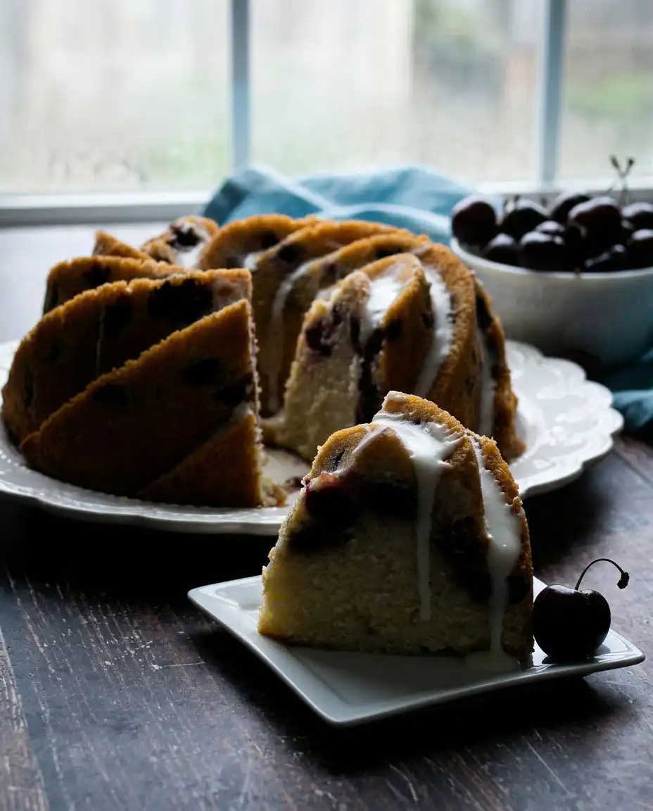Cherry Amaretto Bundt Cake 14 Amaretto glaze being drizzled over a cooled bundt cake.