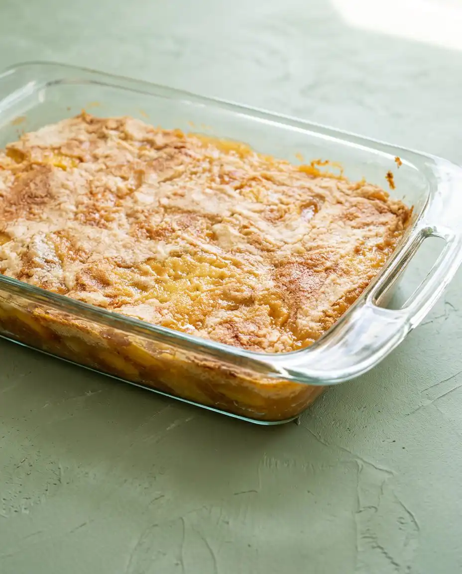 3-Ingredient Peach Cobbler Dump Cake 12 A golden 3-Ingredient Peach Cobbler Dump Cake with a bubbling fruit filling in a white ceramic dish.