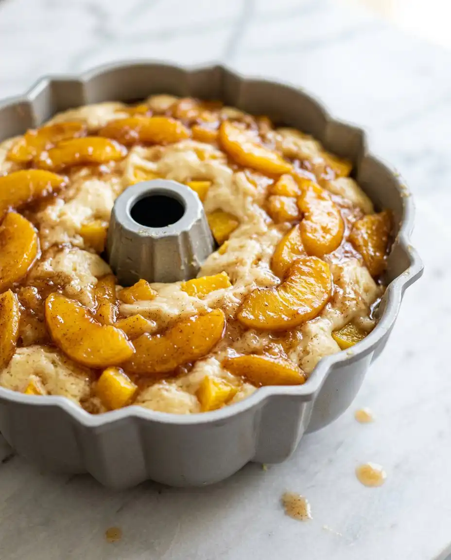 A warm Cream Cheese Peach Cobbler Pound Cake being removed carefully from a bundt pan.