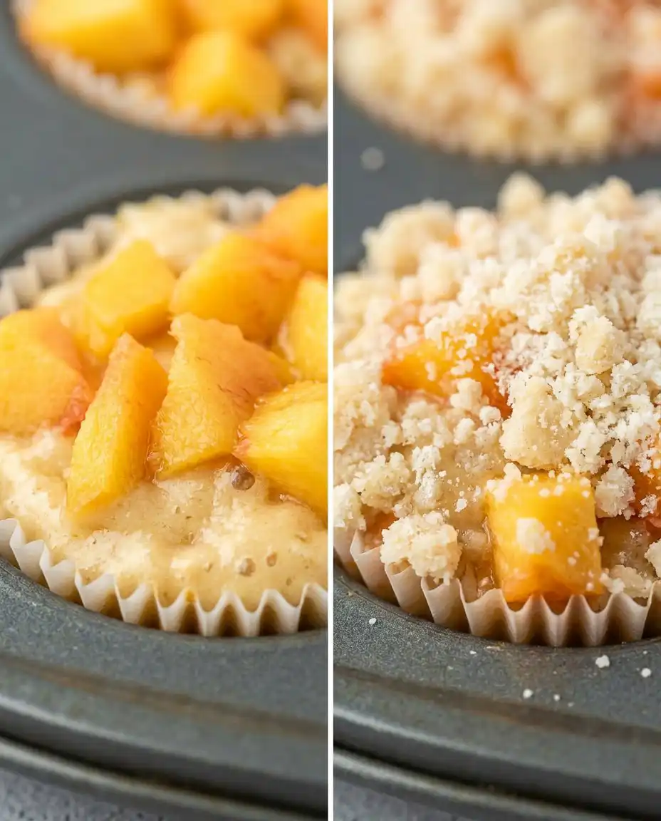 Unbaked muffin batter topped with thick buttery streusel and peach slices.