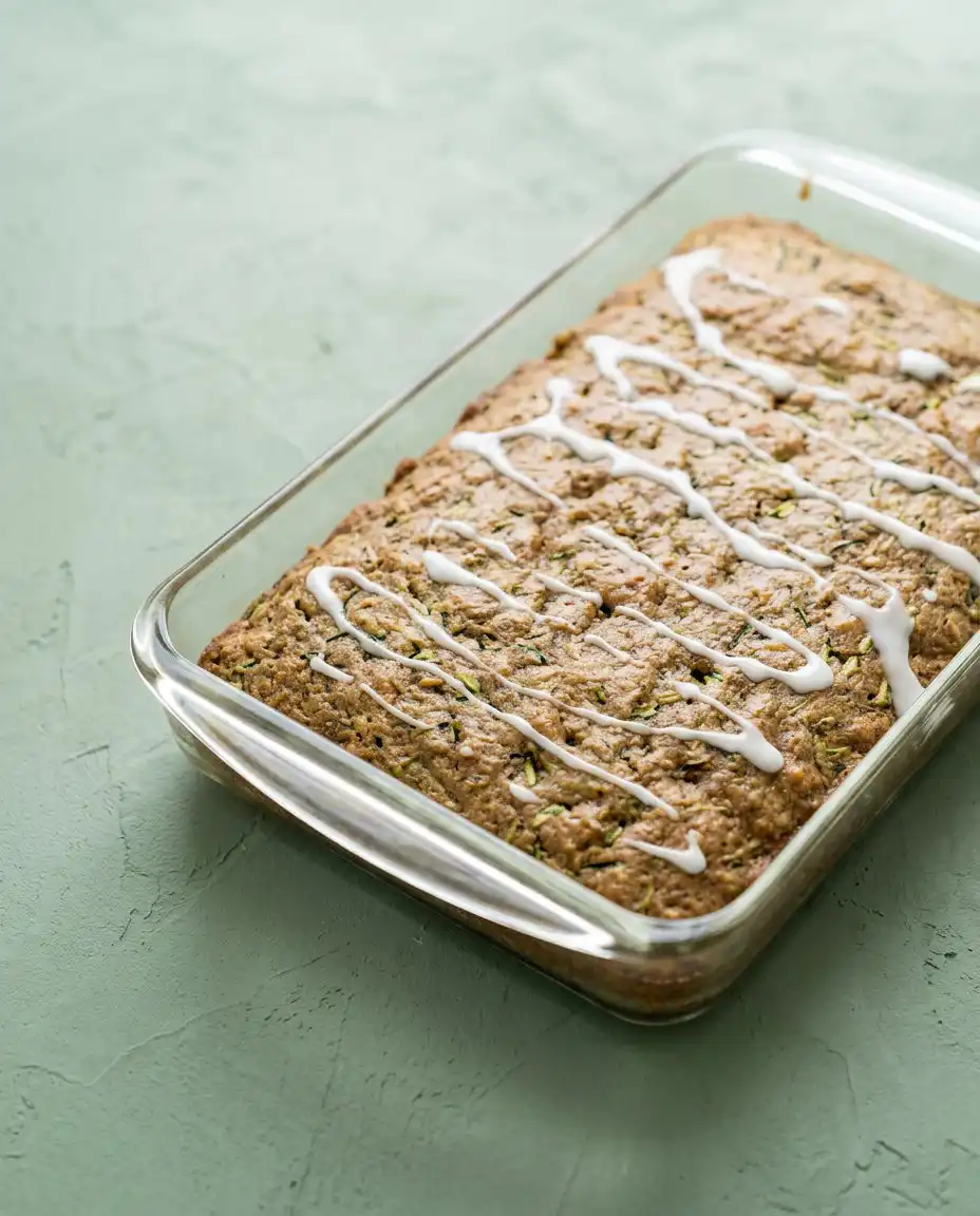 Grandma's Zucchini Cake 12 A top down view of Grandma's Zucchini Cake with thick cream cheese frosting in a glass pan.