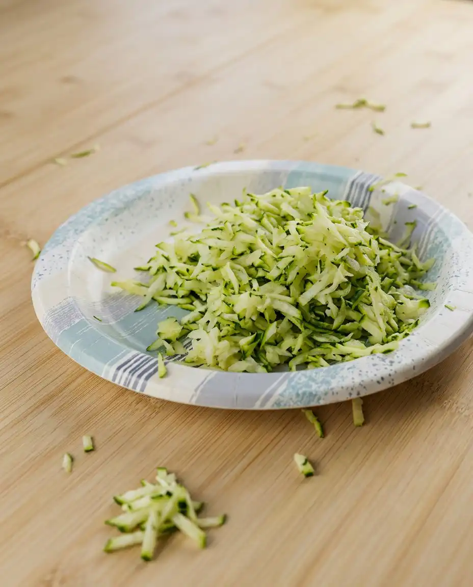 A bowl containing freshly grated green zucchini and small cubes of peeled apples for apple zucchini bread.