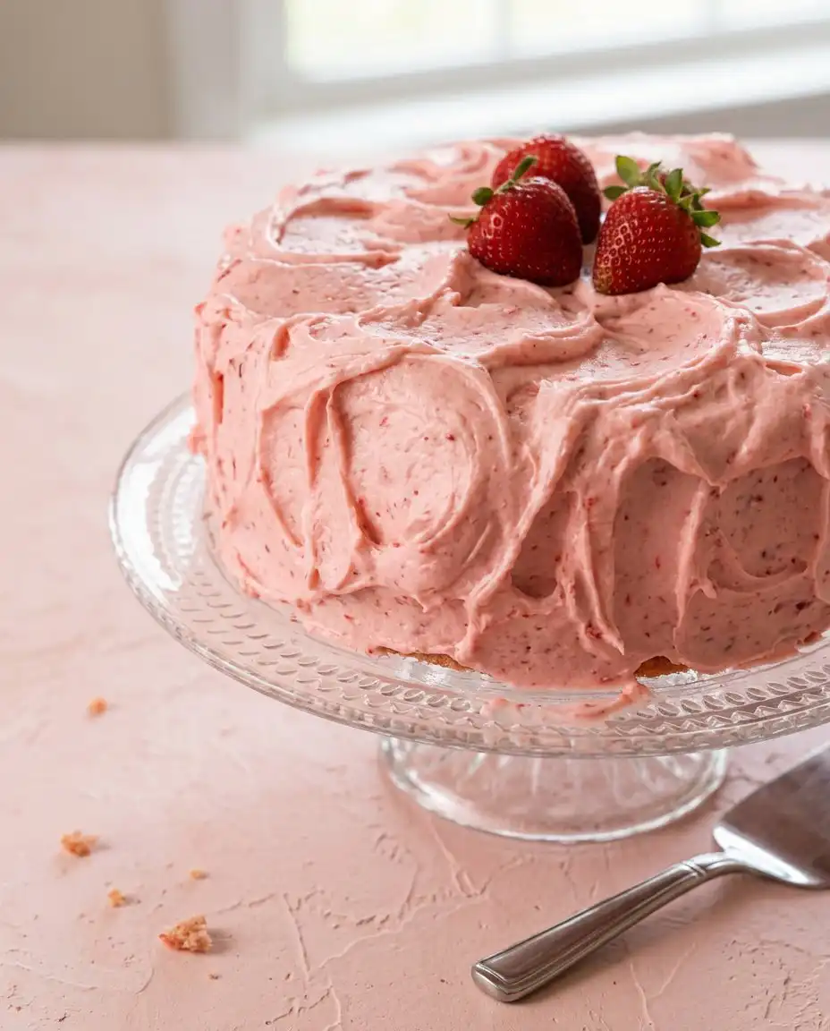 Strawberry Cake 12 A professional strawberry cake resting on a wire rack to show the set crust and structure.