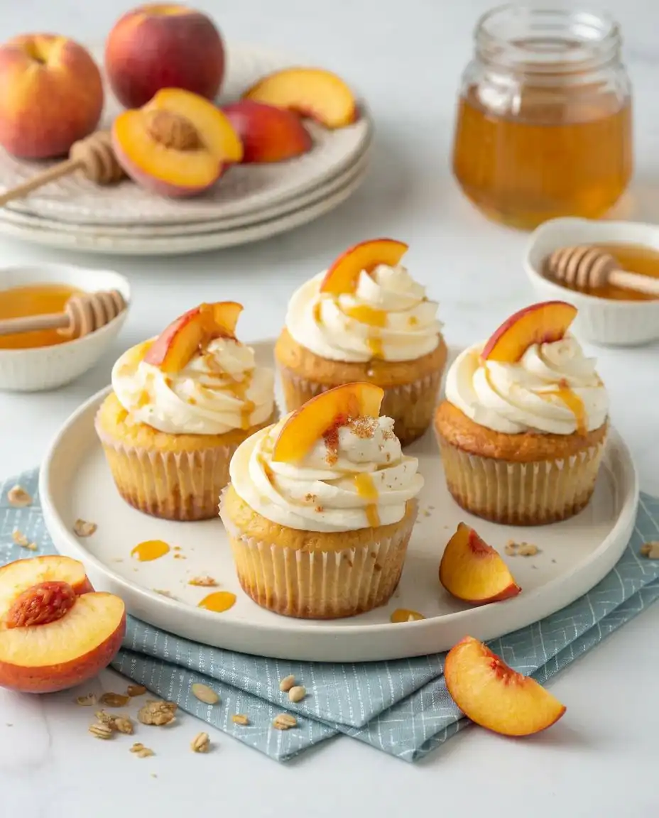 Honey being poured over a frosted cupcake