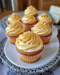 A close up of a Honey Peach Cream Cheese Cupcake with a honey drizzle