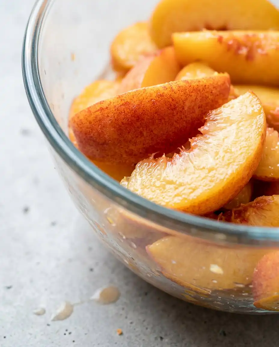 Fresh peaches and bowls of brown butter and yogurt for the Brown Butter Fresh Peach Cake.