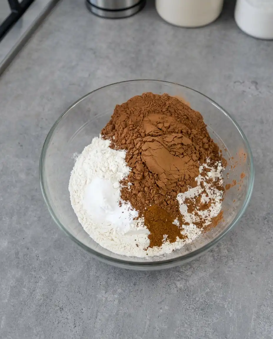 Measured ingredients for chocolate zucchini cake including cocoa and grated zucchini