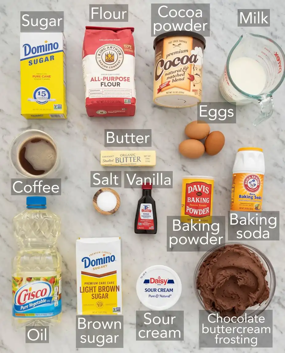 Devil's Food Layer Cake 14 Bowls of flour cocoa and coffee for a Devil's Food Layer Cake recipe.