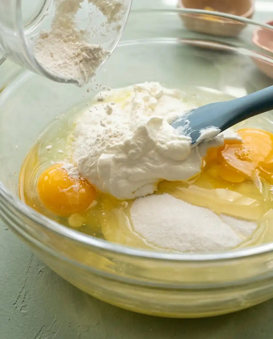 Bowls of flour yogurt and sliced peaches for making fresh peach cake.