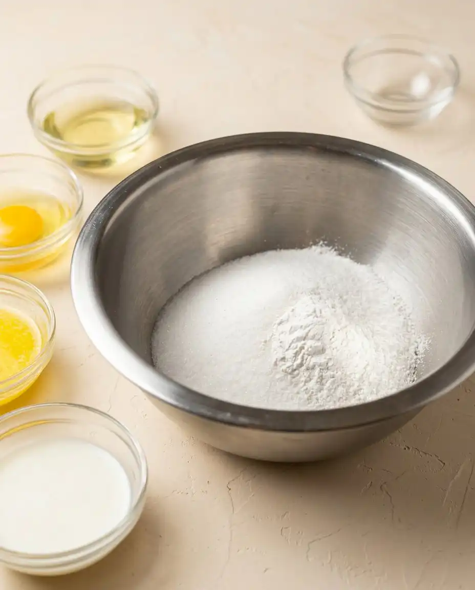 Measuring cups of flour sugar and buttermilk for Mini Vanilla Layer Cakes on a kitchen counter.