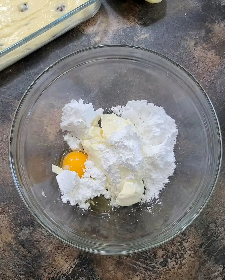Butter sugar eggs and peach filling for Peaches and Cream Bars.