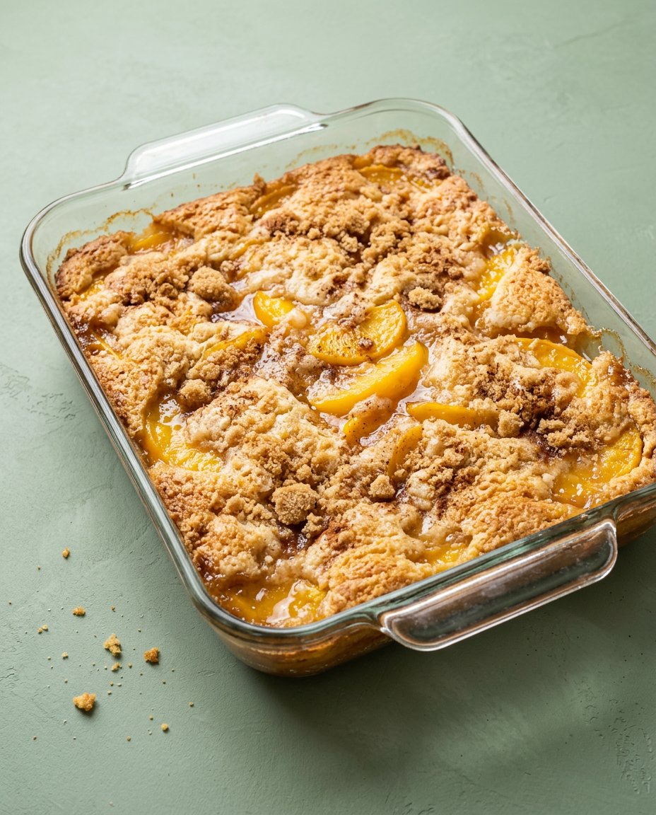 Peach Cobbler with Yellow Cake Mix 14 Canned peaches, yellow cake mix, and butter pads for Peach Cobbler with Yellow Cake Mix.