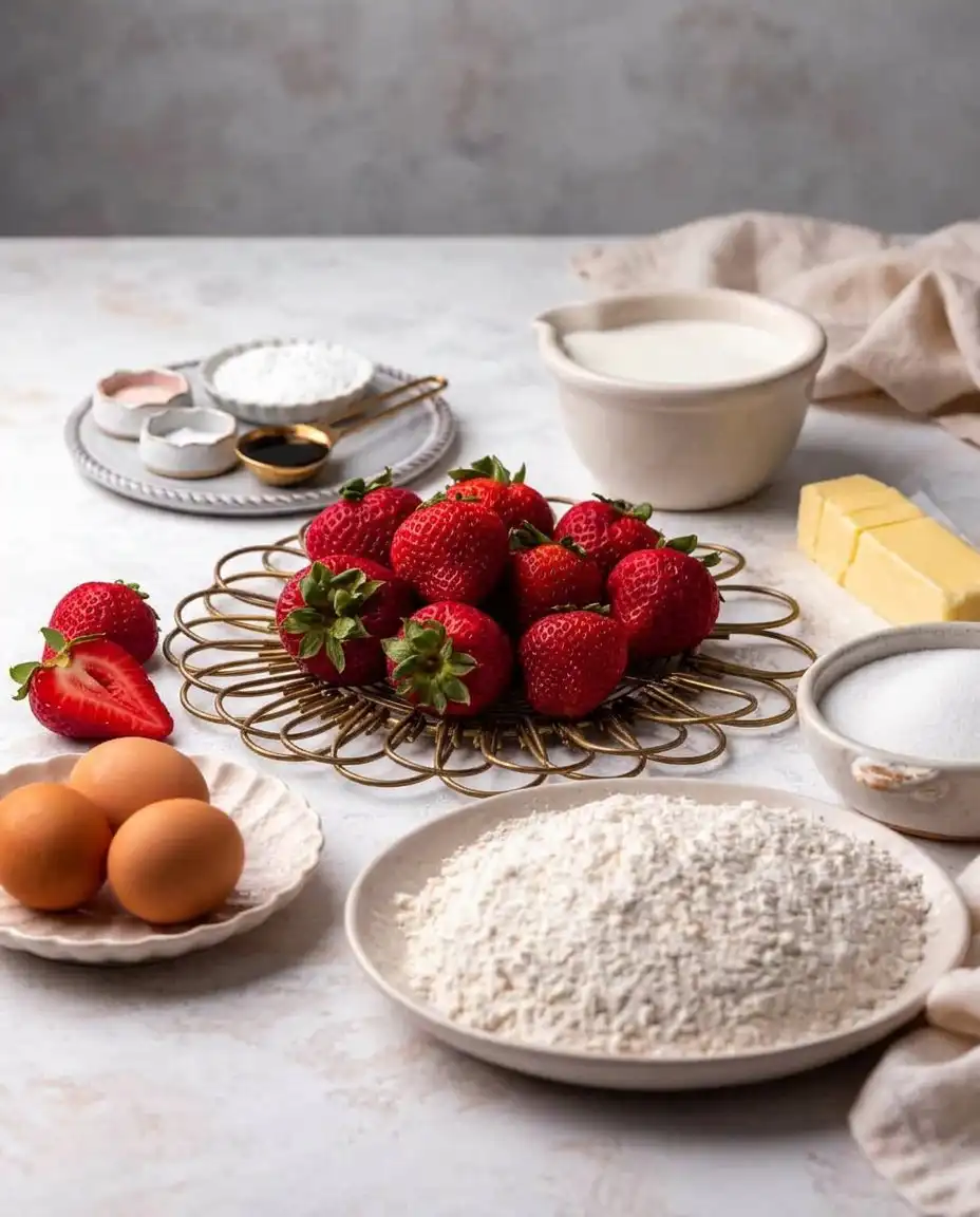 Strawberry ‘Shortcake’ Layer Cake 12 Ingredients for strawberry layer cake including flour butter and berries