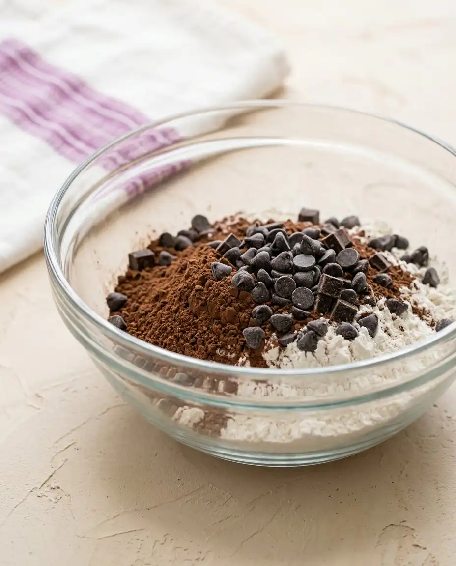 Chocolate Zucchini Cake 14 Raw ingredients including zucchini and flour for a cake with chocolate chips.