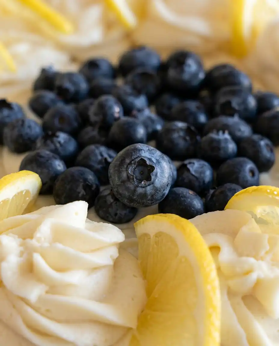 A slice of lemon blueberry cake served next to a cup of coffee.