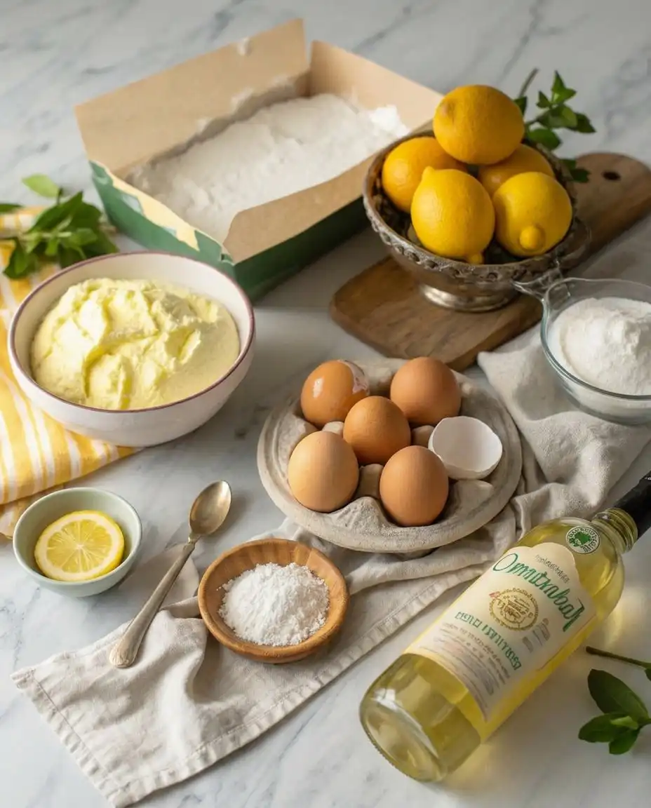 High quality ingredients for limoncello cake including mascarpone eggs and lemons.