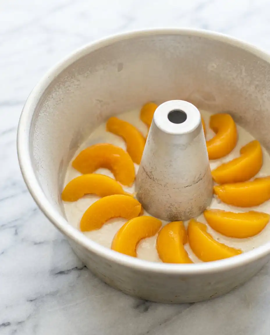Measuring flour with a scale for the Classic Peach Pound Cake recipe.