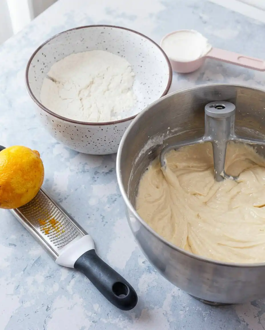 Ingredients for Italian lemon cake including lemons, mascarpone, and eggs.