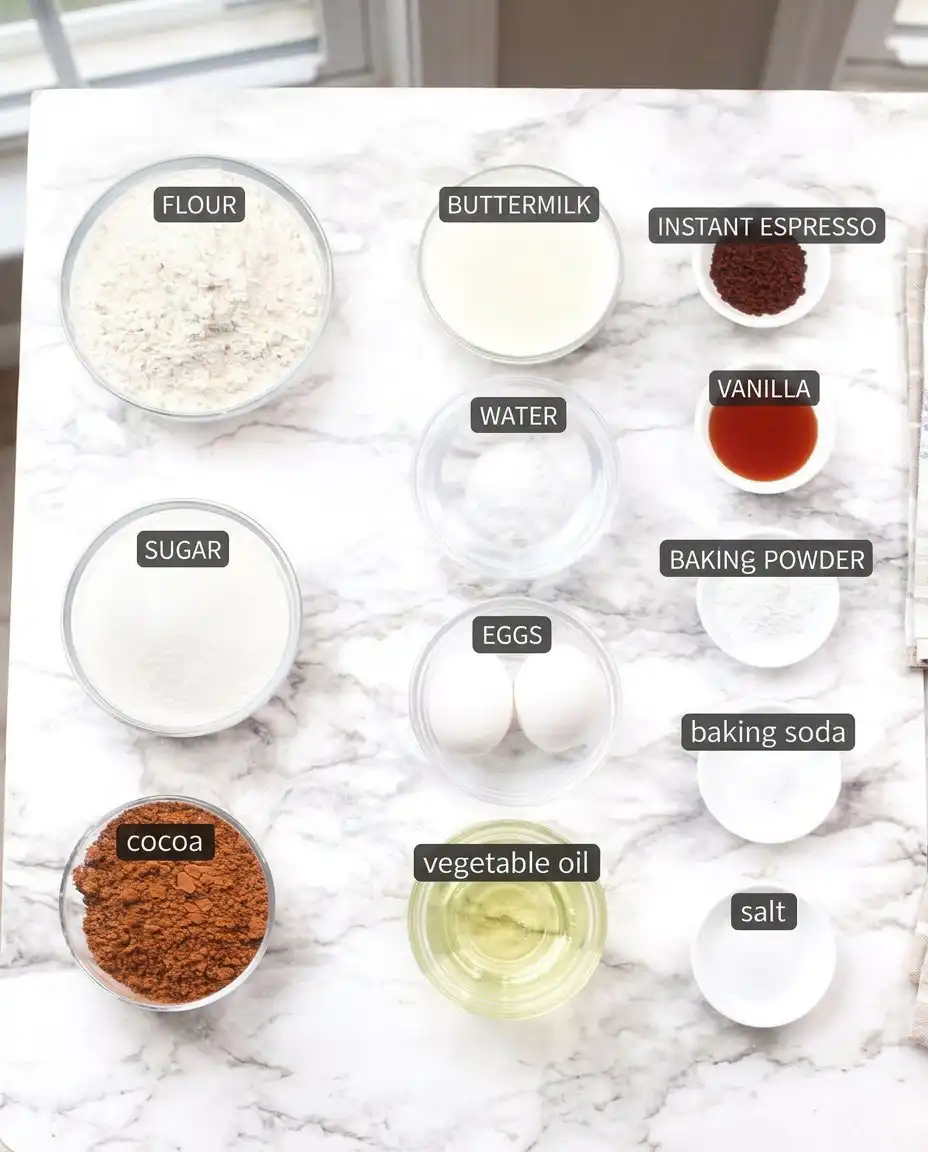 Ingredients for chocolate cake including cocoa powder and sour cream