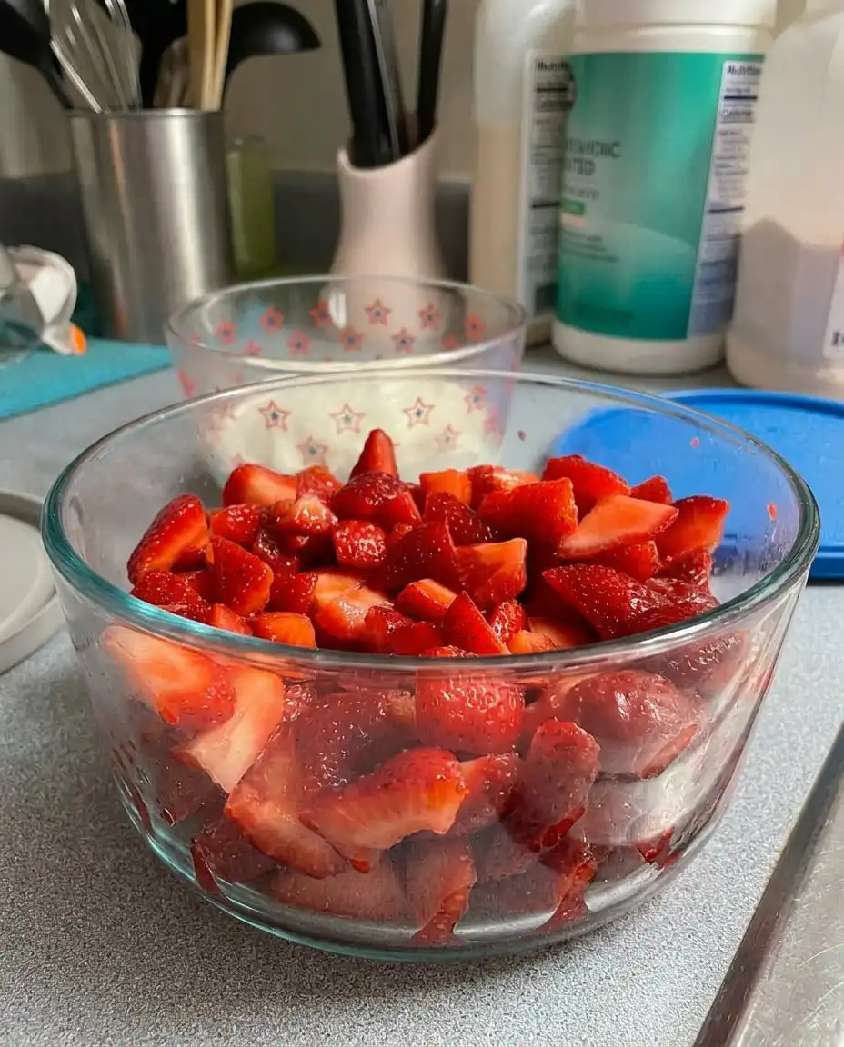 Fresh strawberries, blueberries, raspberries and marshmallow creme on a kitchen counter